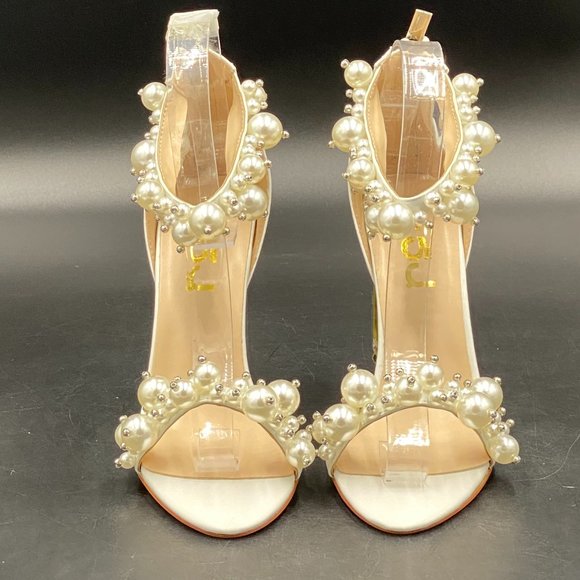 FSJ Ivory Pearl Open Toe Ankle Strap Chunky Crystal High Heels Prom Sandal. - Picture 2 of 9